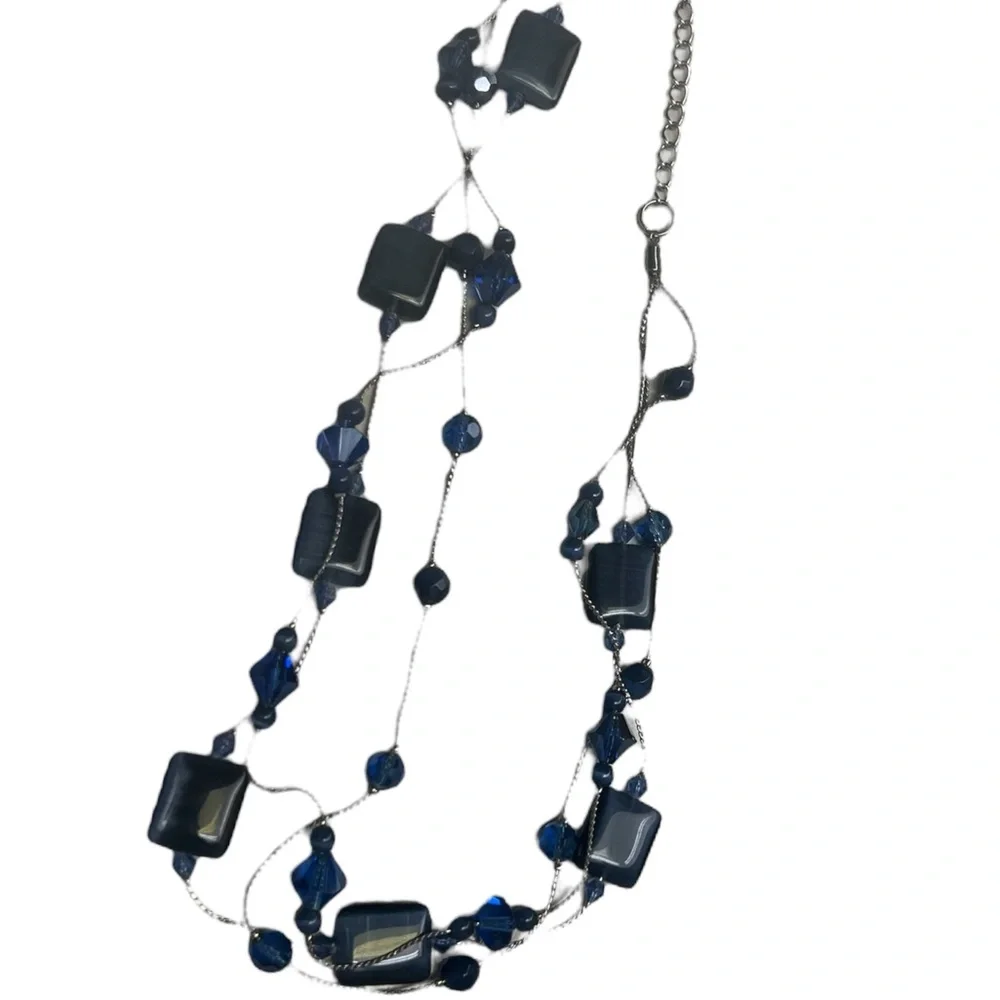 New~ Lia Sophia Cobalt Blue Art Glass Crystal Layered Illusion Necklace Retired